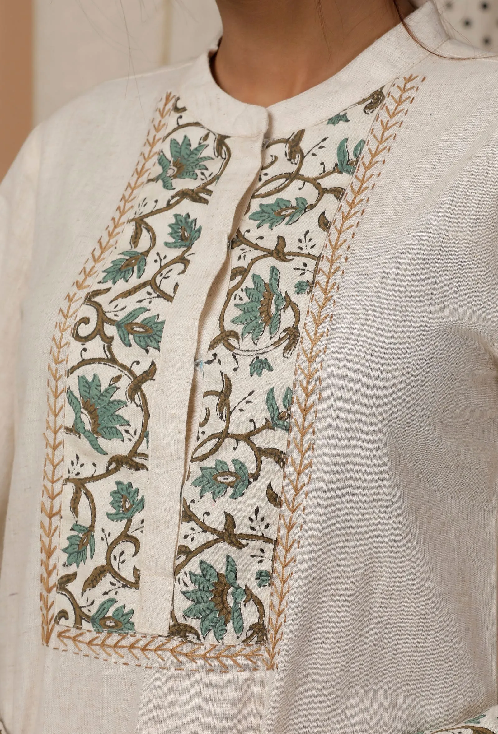 White and Green Bell Sleeves Cotton Flex  Kurta