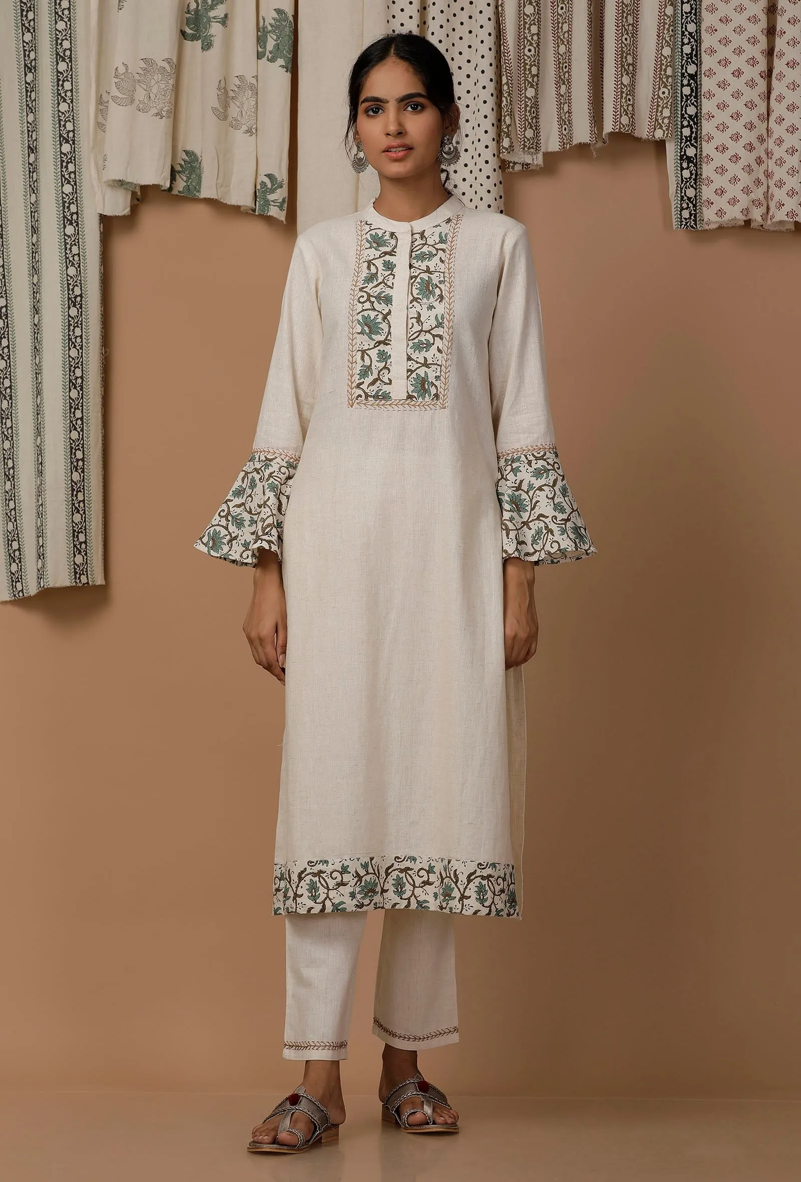 White and Green Bell Sleeves Cotton Flex  Kurta