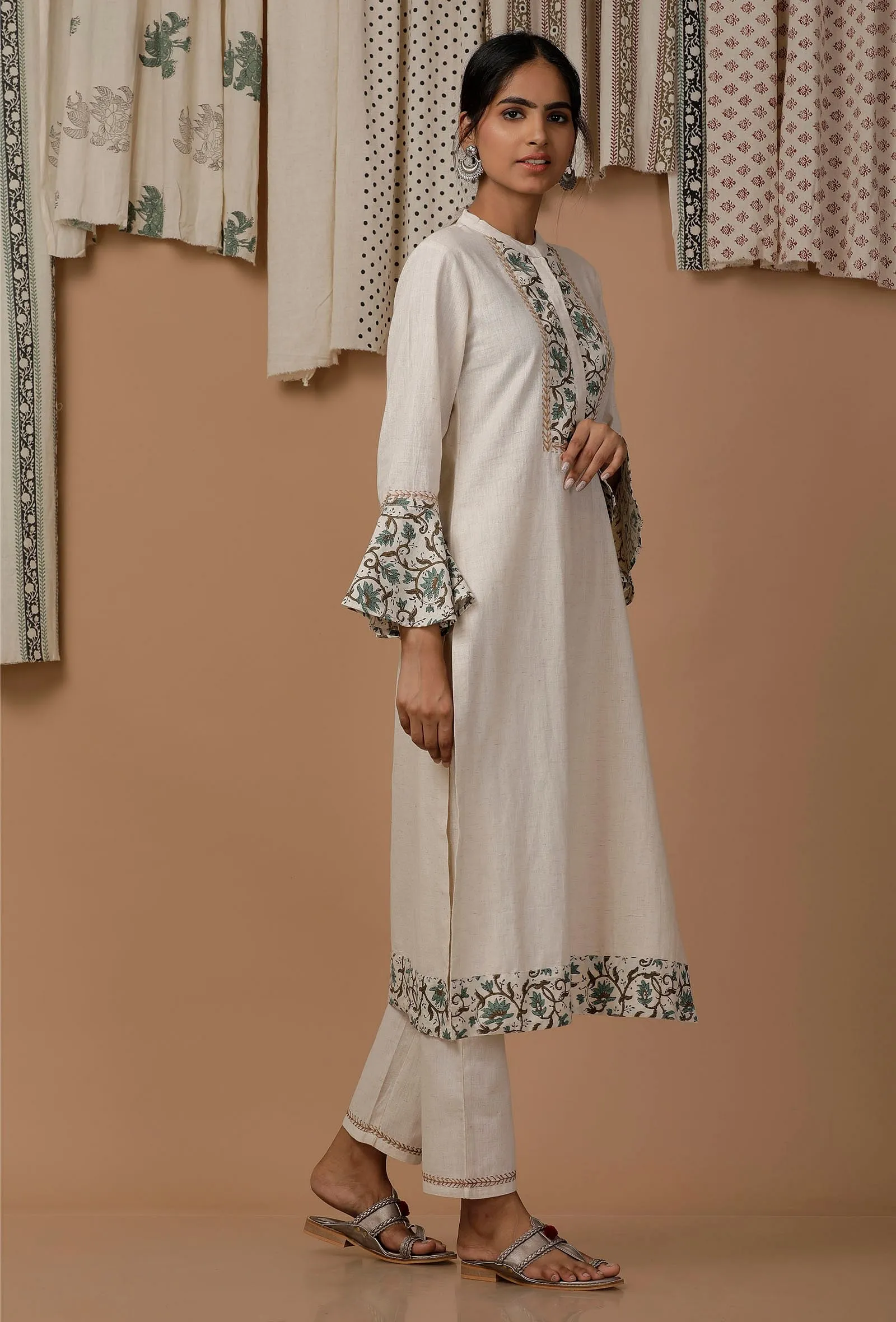 White and Green Bell Sleeves Cotton Flex  Kurta