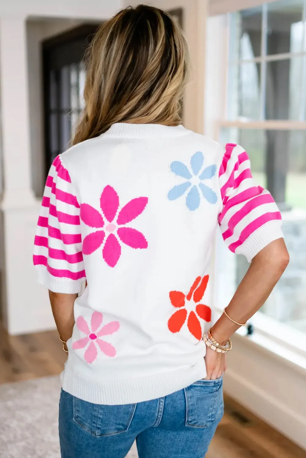 White Colorful Floral Print Striped Sleeve Knitted Tee