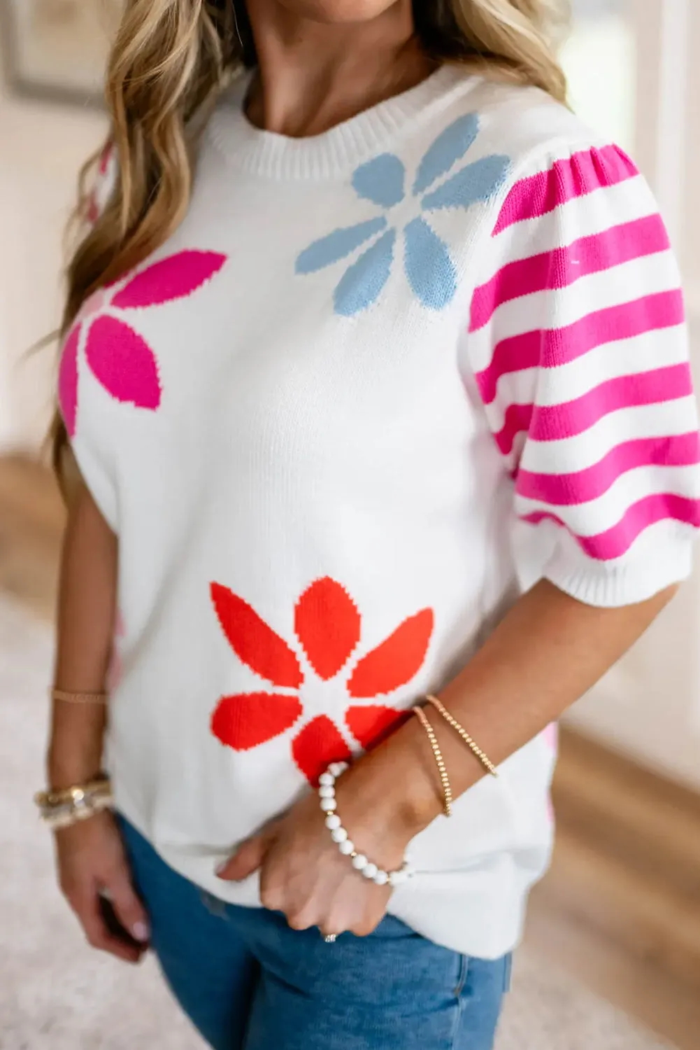 White Colorful Floral Print Striped Sleeve Knitted Tee