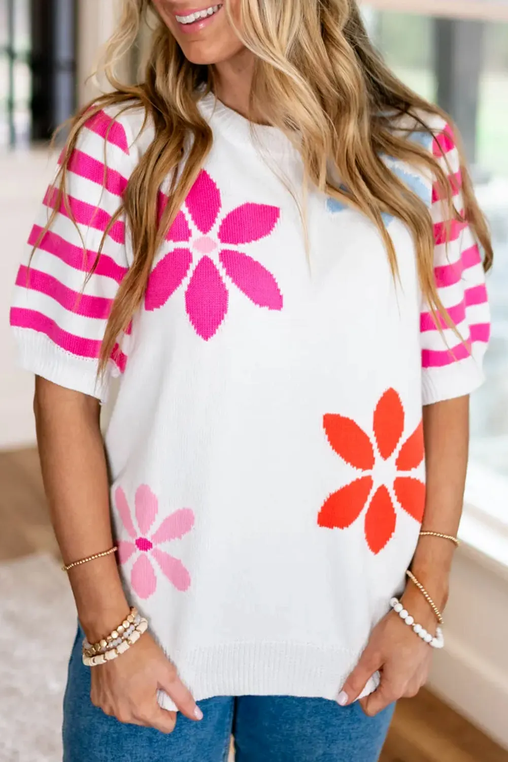 White Colorful Floral Print Striped Sleeve Knitted Tee