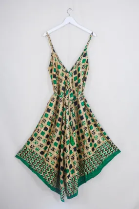 Winona Jumpsuit - Vintage Sari - Gold & Emerald Checkered Print - S/M