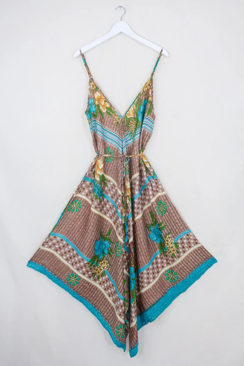 Winona Jumpsuit - Vintage Sari - Turquoise & Mocha Floral - S/M