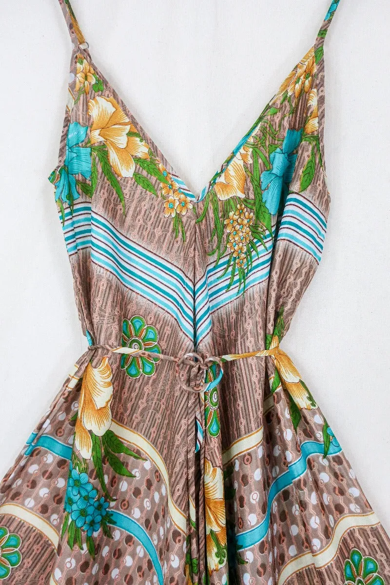 Winona Jumpsuit - Vintage Sari - Turquoise & Mocha Floral - S/M