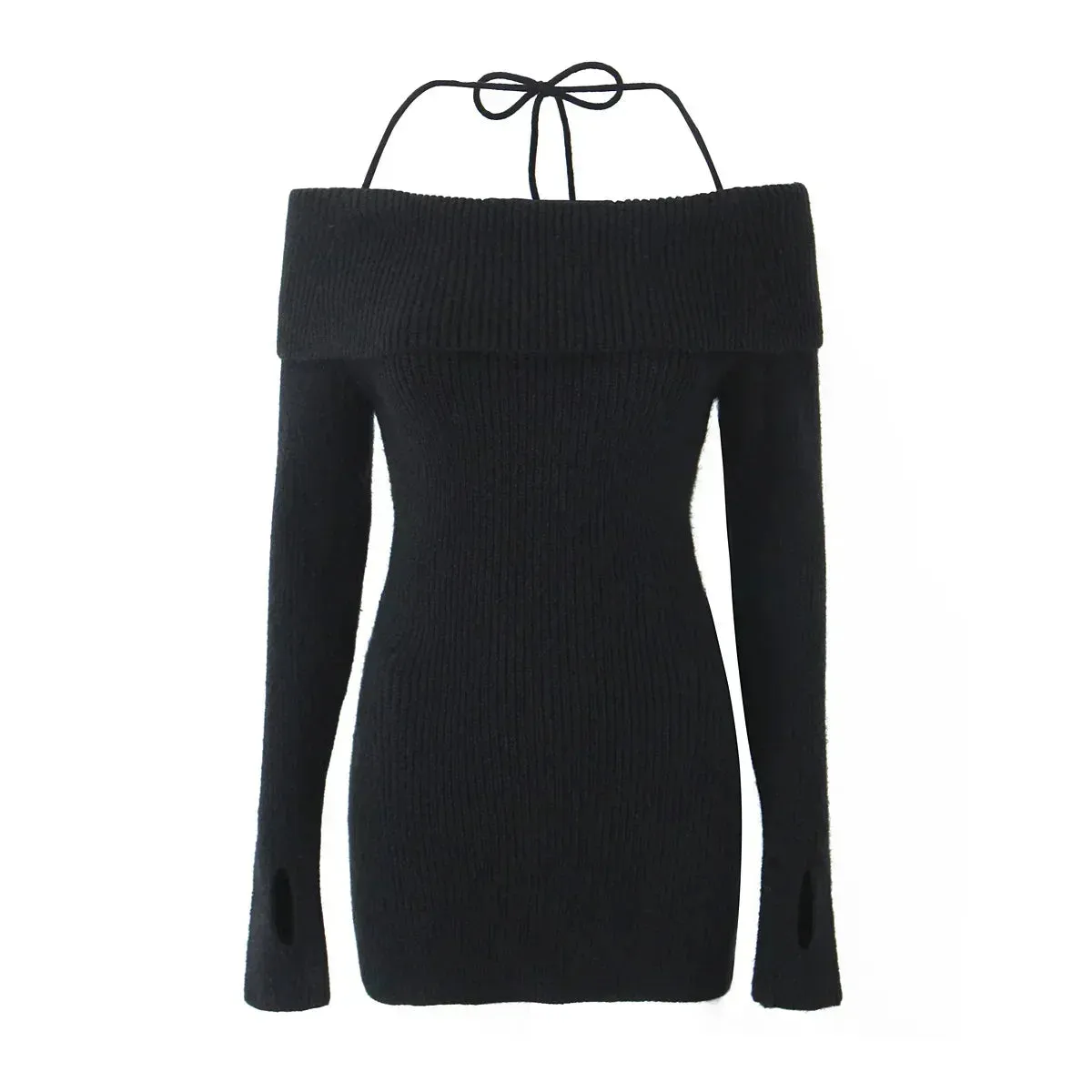 Wjczt Autumn Off The Shoulder Knitted Dress New Black Sexy Bodycon Birthday Party Dresses Short Halter Knitted Dress