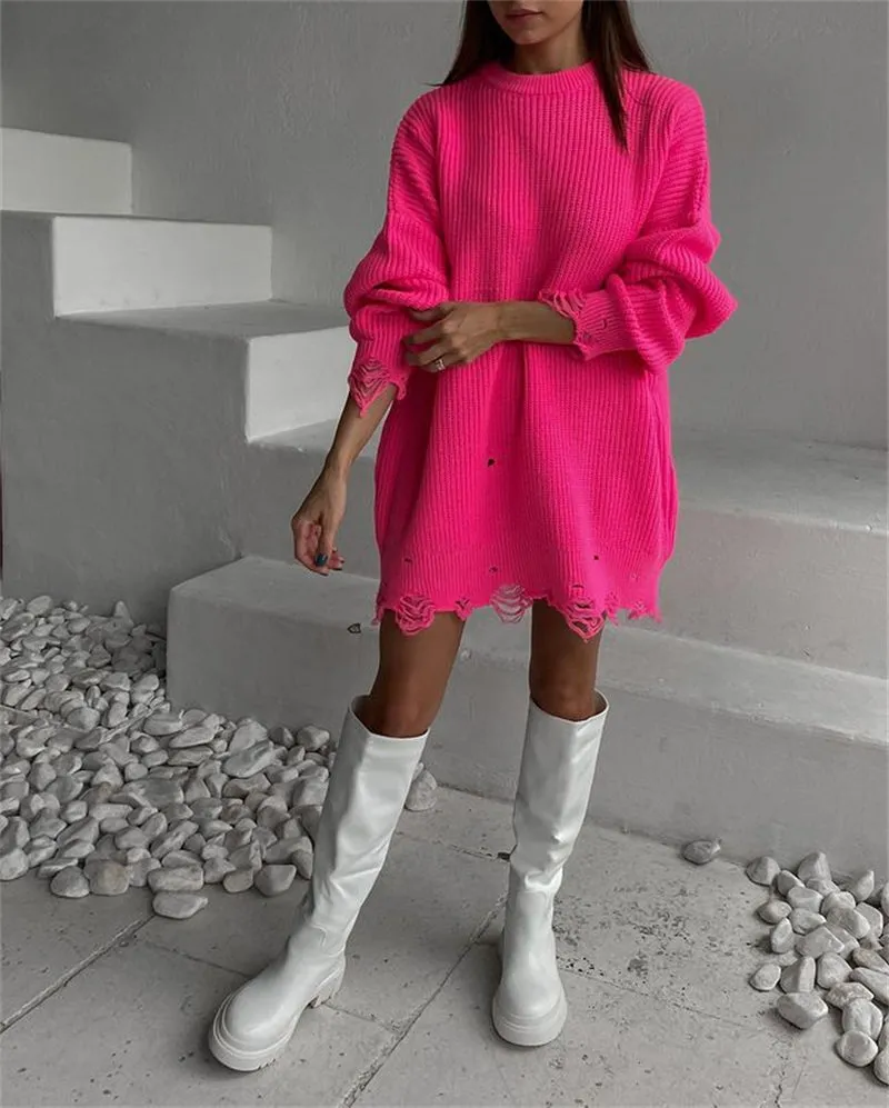 Wjczt O Neck Oversized Mini Knitted Women Sweater Dress 2021 Autumn Winter Long Sleeve Elegant Street Casual Loose Dresses