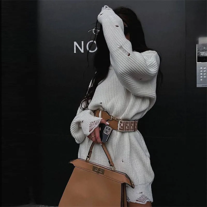 Wjczt O Neck Oversized Mini Knitted Women Sweater Dress 2021 Autumn Winter Long Sleeve Elegant Street Casual Loose Dresses