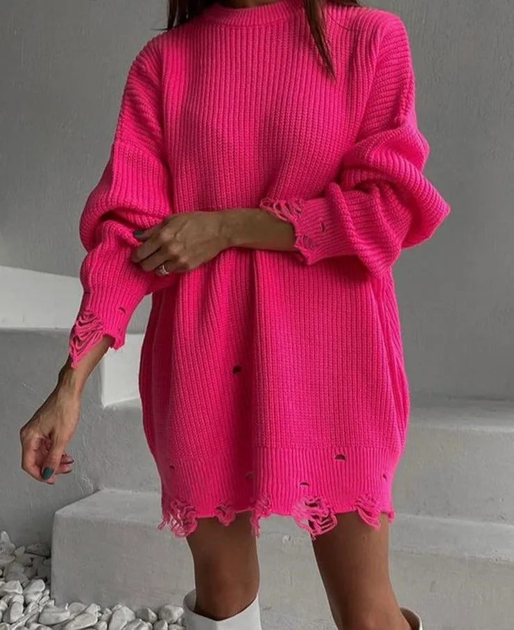 Wjczt O Neck Oversized Mini Knitted Women Sweater Dress 2021 Autumn Winter Long Sleeve Elegant Street Casual Loose Dresses