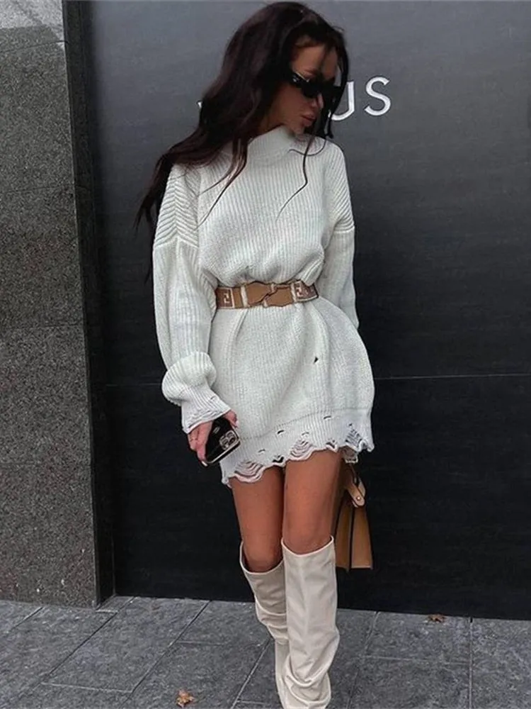 Wjczt O Neck Oversized Mini Knitted Women Sweater Dress 2021 Autumn Winter Long Sleeve Elegant Street Casual Loose Dresses