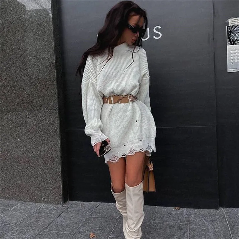 Wjczt O Neck Oversized Mini Knitted Women Sweater Dress 2021 Autumn Winter Long Sleeve Elegant Street Casual Loose Dresses