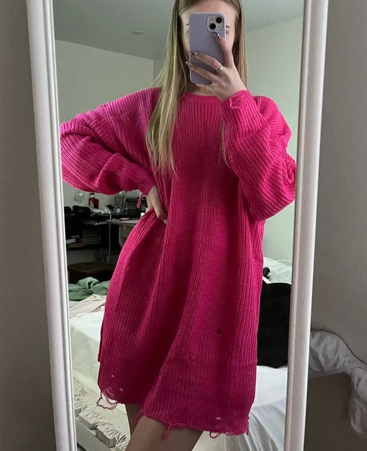 Wjczt O Neck Oversized Mini Knitted Women Sweater Dress 2021 Autumn Winter Long Sleeve Elegant Street Casual Loose Dresses