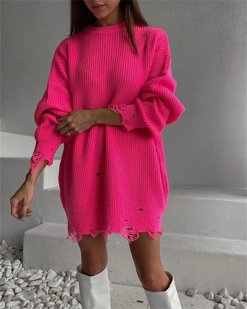 Wjczt O Neck Oversized Mini Knitted Women Sweater Dress 2021 Autumn Winter Long Sleeve Elegant Street Casual Loose Dresses