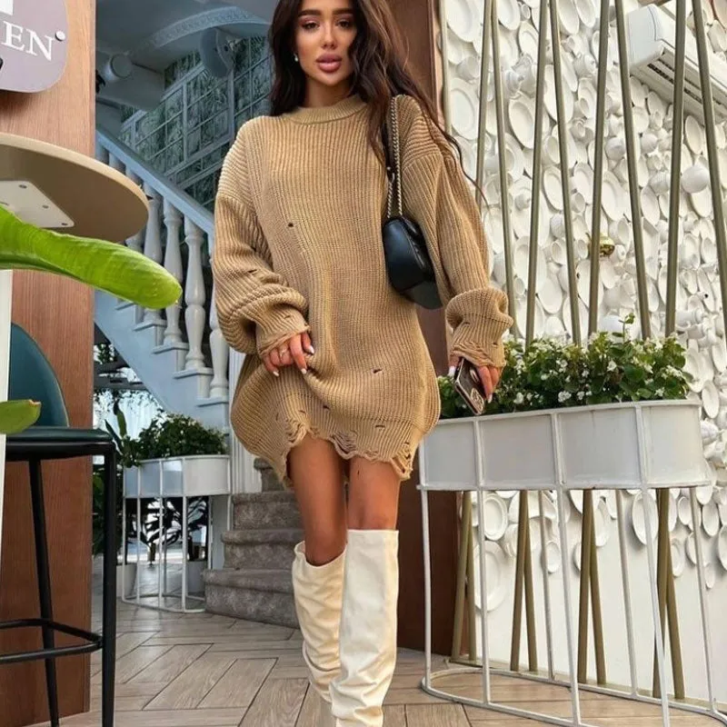 Wjczt O Neck Oversized Mini Knitted Women Sweater Dress 2021 Autumn Winter Long Sleeve Elegant Street Casual Loose Dresses