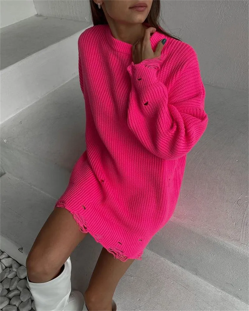 Wjczt O Neck Oversized Mini Knitted Women Sweater Dress 2021 Autumn Winter Long Sleeve Elegant Street Casual Loose Dresses