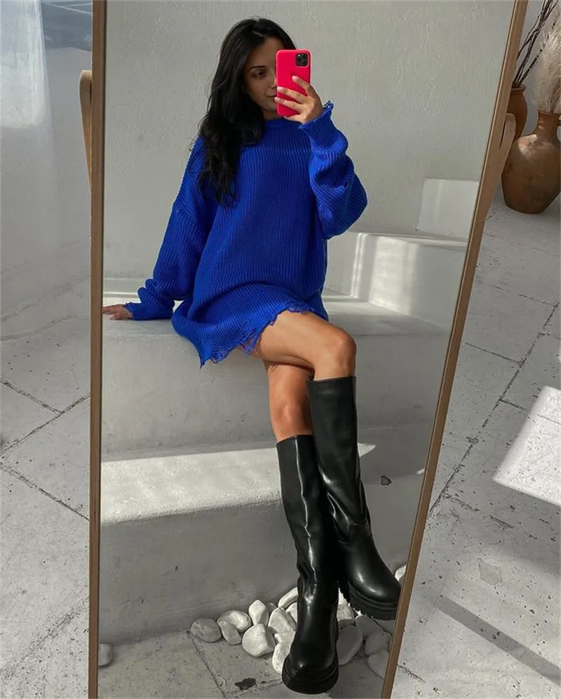 Wjczt O Neck Oversized Mini Knitted Women Sweater Dress 2021 Autumn Winter Long Sleeve Elegant Street Casual Loose Dresses