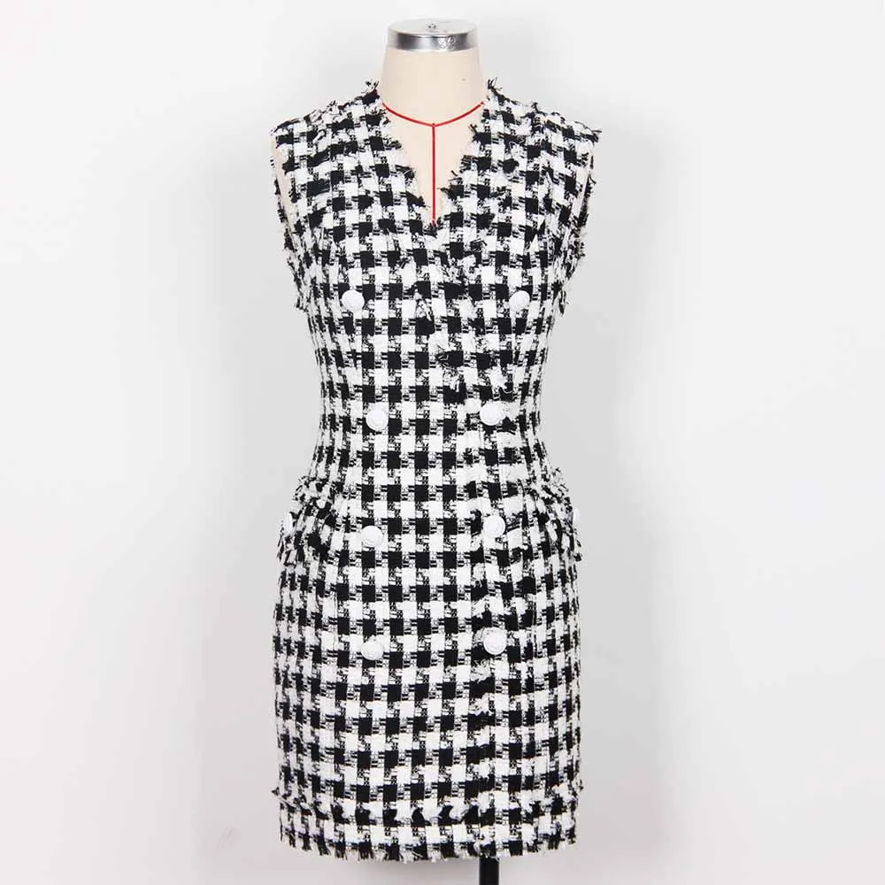 Women Houndstooth V Neck Fitted Knitted Dress Mini Vest Dress