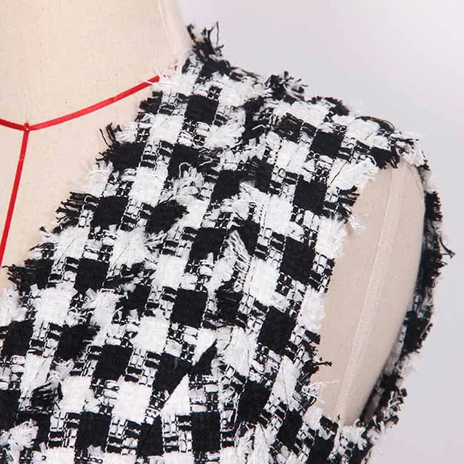 Women Houndstooth V Neck Fitted Knitted Dress Mini Vest Dress