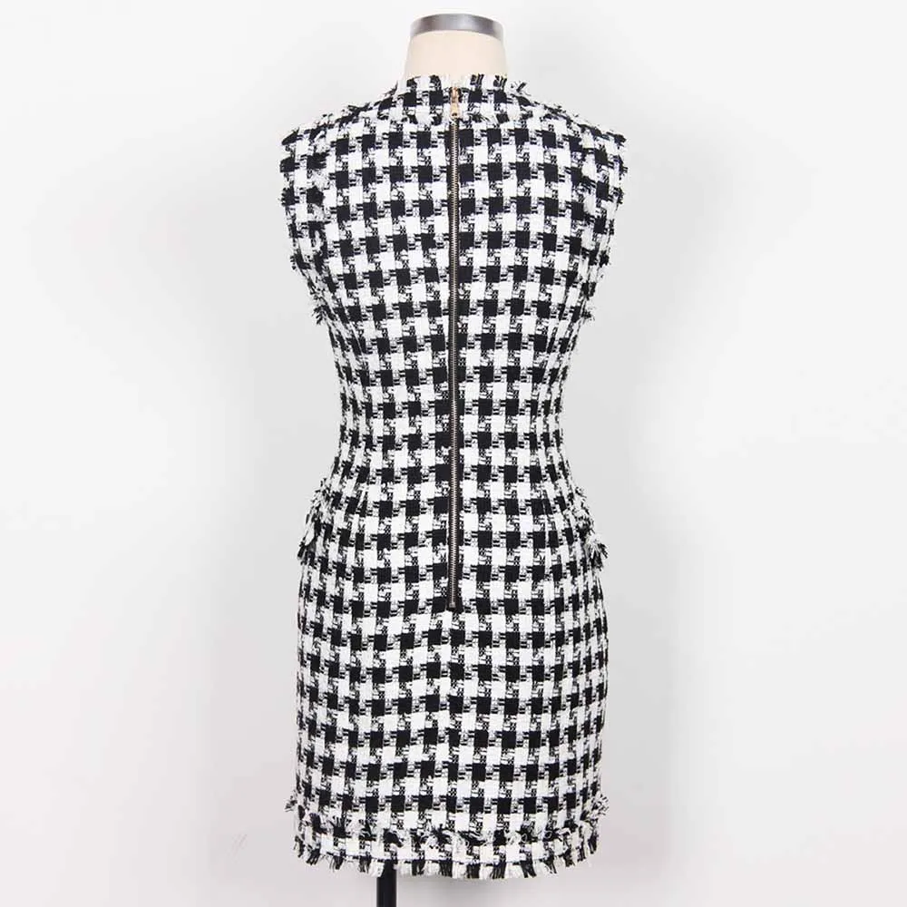 Women Houndstooth V Neck Fitted Knitted Dress Mini Vest Dress