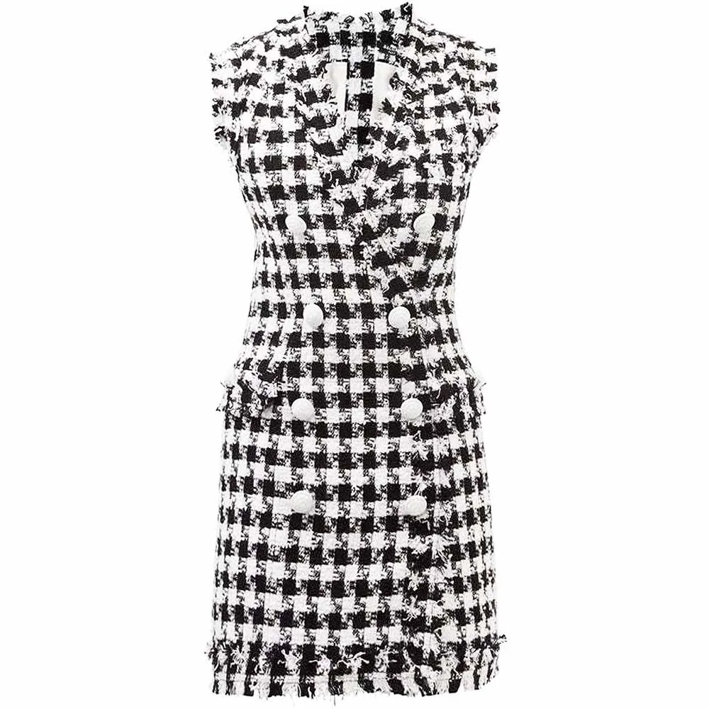 Women Houndstooth V Neck Fitted Knitted Dress Mini Vest Dress