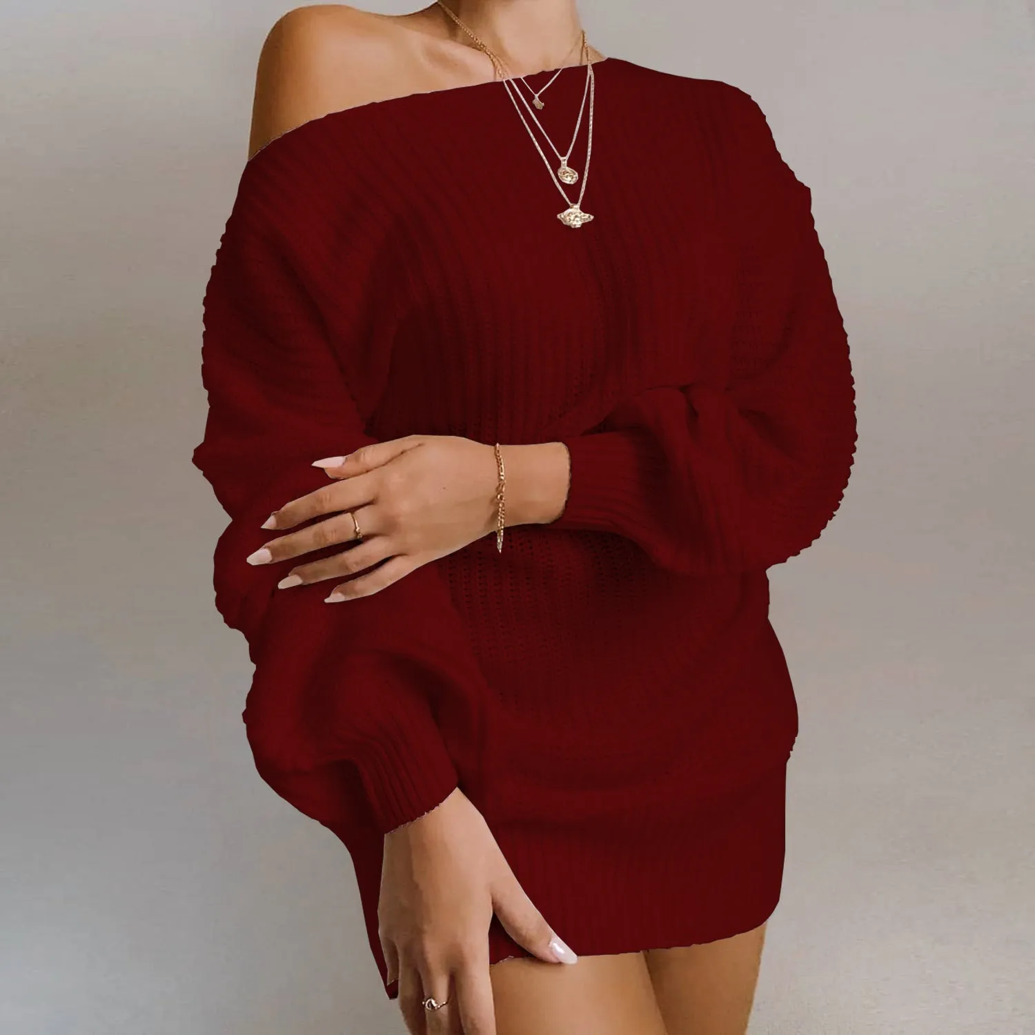 Women Off Shoulder Sweater Dress Winter Loose Long Sleeve Elegant Dress