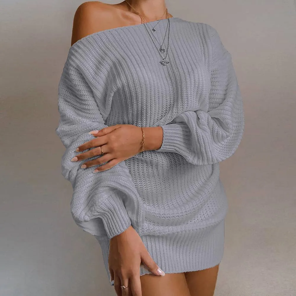 Women Off Shoulder Sweater Dress Winter Loose Long Sleeve Elegant Dress