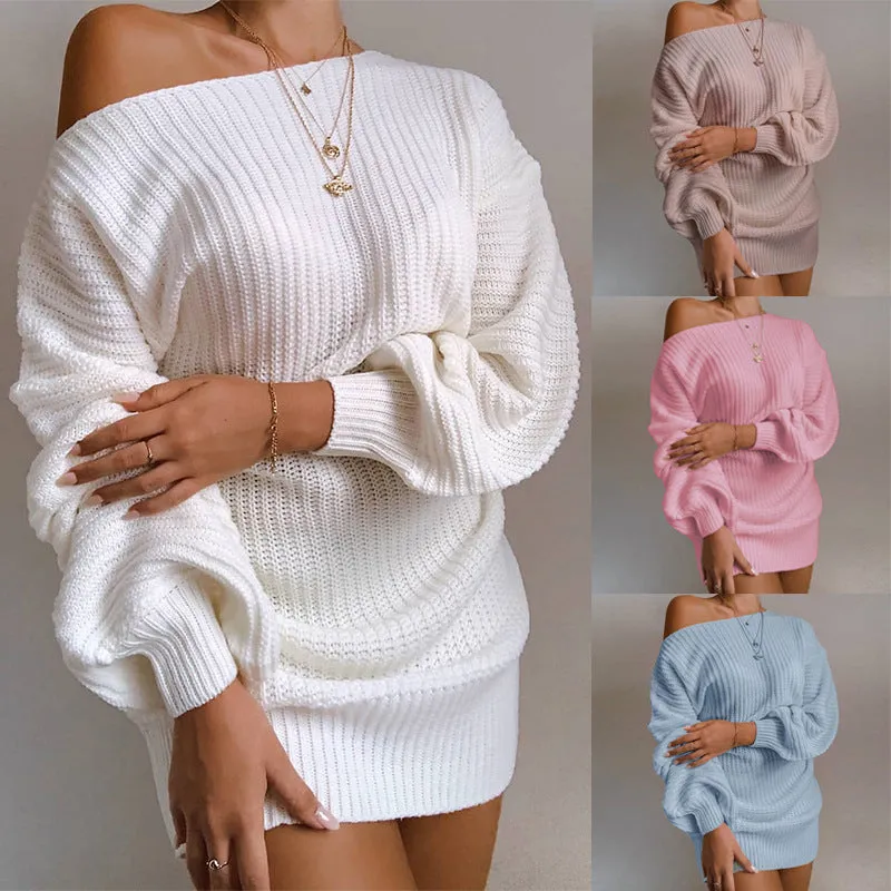 Women Off Shoulder Sweater Dress Winter Loose Long Sleeve Elegant Dress