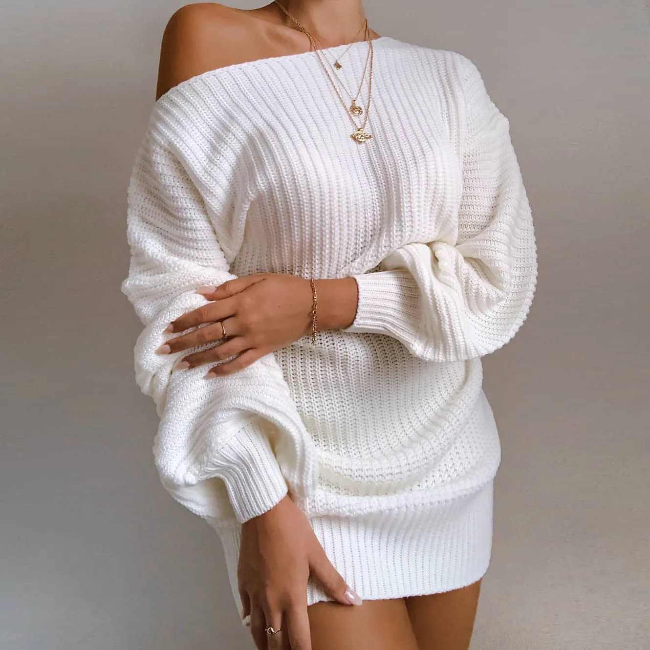 Women Off Shoulder Sweater Dress Winter Loose Long Sleeve Elegant Dress