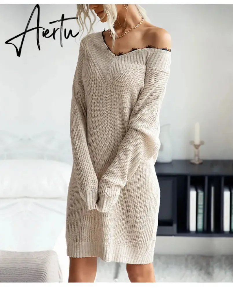 Women Sweater Dress, Female Knitted Tunics,  Fall Women's Clothing, Long Sleeve Winter Dresses.