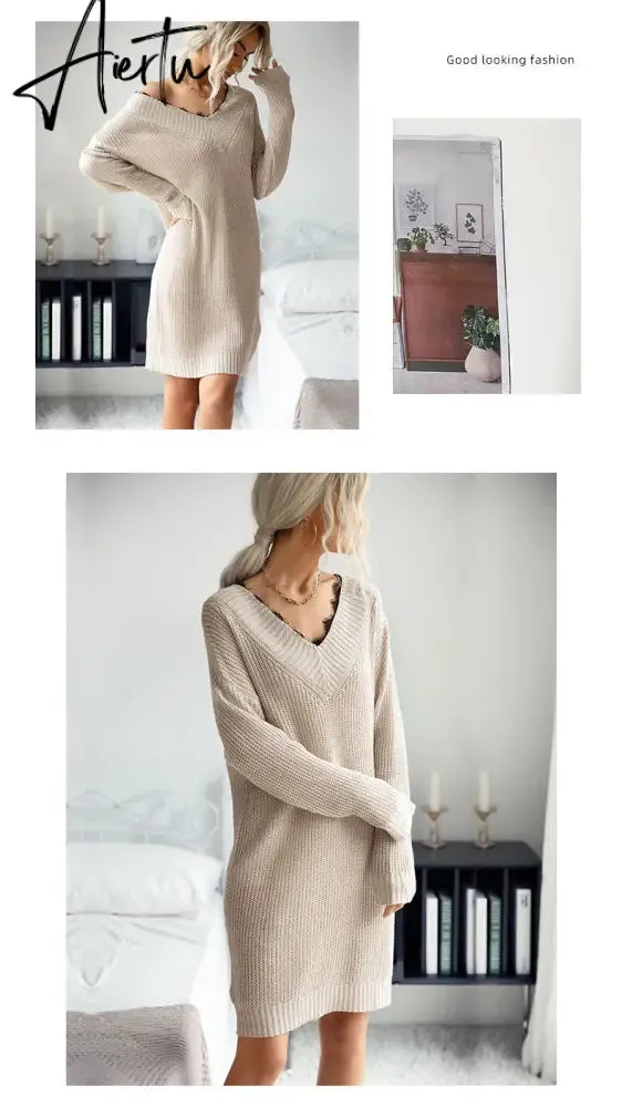 Women Sweater Dress, Female Knitted Tunics,  Fall Women's Clothing, Long Sleeve Winter Dresses.