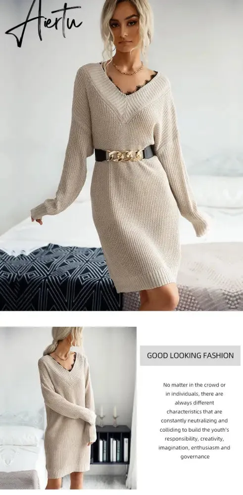 Women Sweater Dress, Female Knitted Tunics,  Fall Women's Clothing, Long Sleeve Winter Dresses.