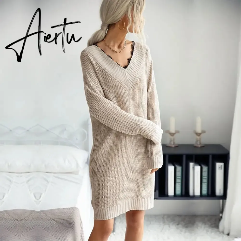 Women Sweater Dress, Female Knitted Tunics,  Fall Women's Clothing, Long Sleeve Winter Dresses.