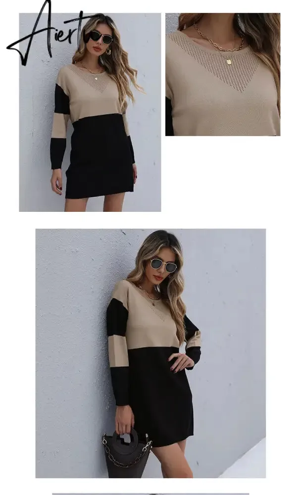 Women Winter Sweater Dresses, Women's Autumn Knitted Patchwork Pullovers Tunic Mini Dress.