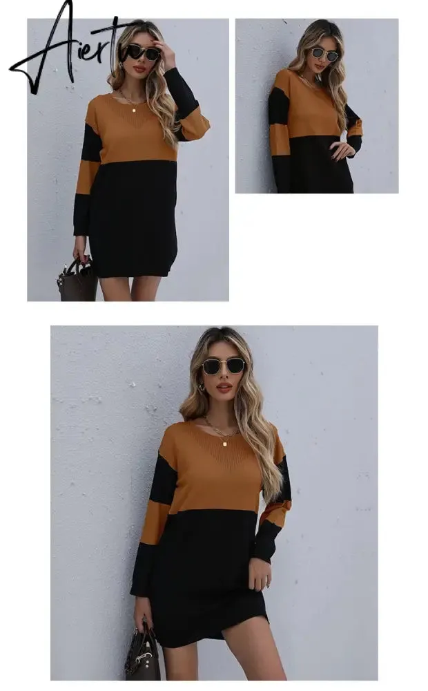 Women Winter Sweater Dresses, Women's Autumn Knitted Patchwork Pullovers Tunic Mini Dress.