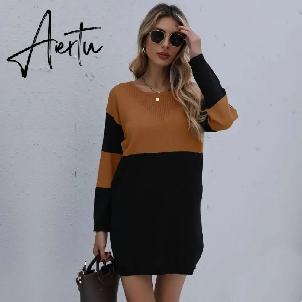 Women Winter Sweater Dresses, Women's Autumn Knitted Patchwork Pullovers Tunic Mini Dress.