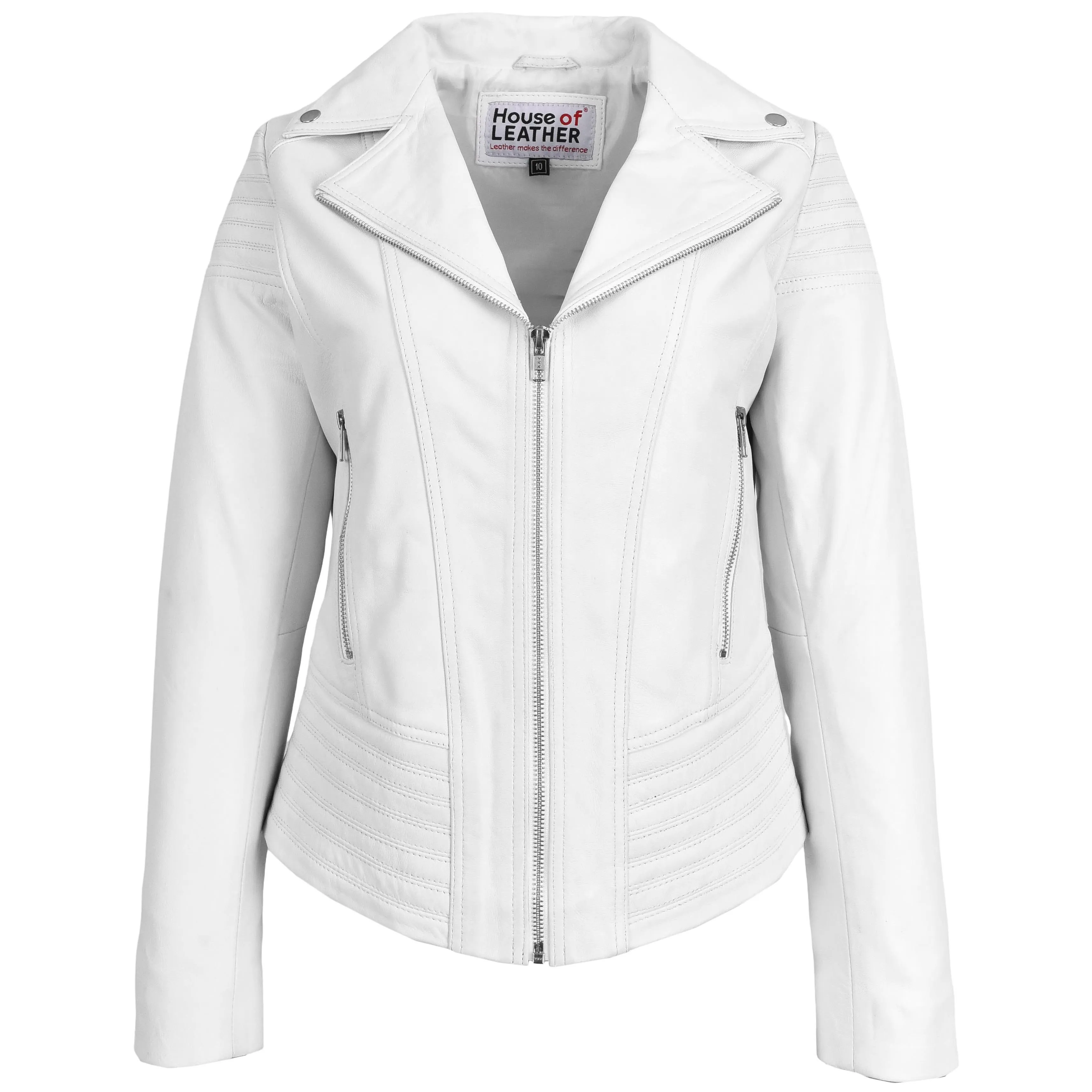 Womens Real Leather Biker Jacket Trendy Fitted Casual Style Emily White