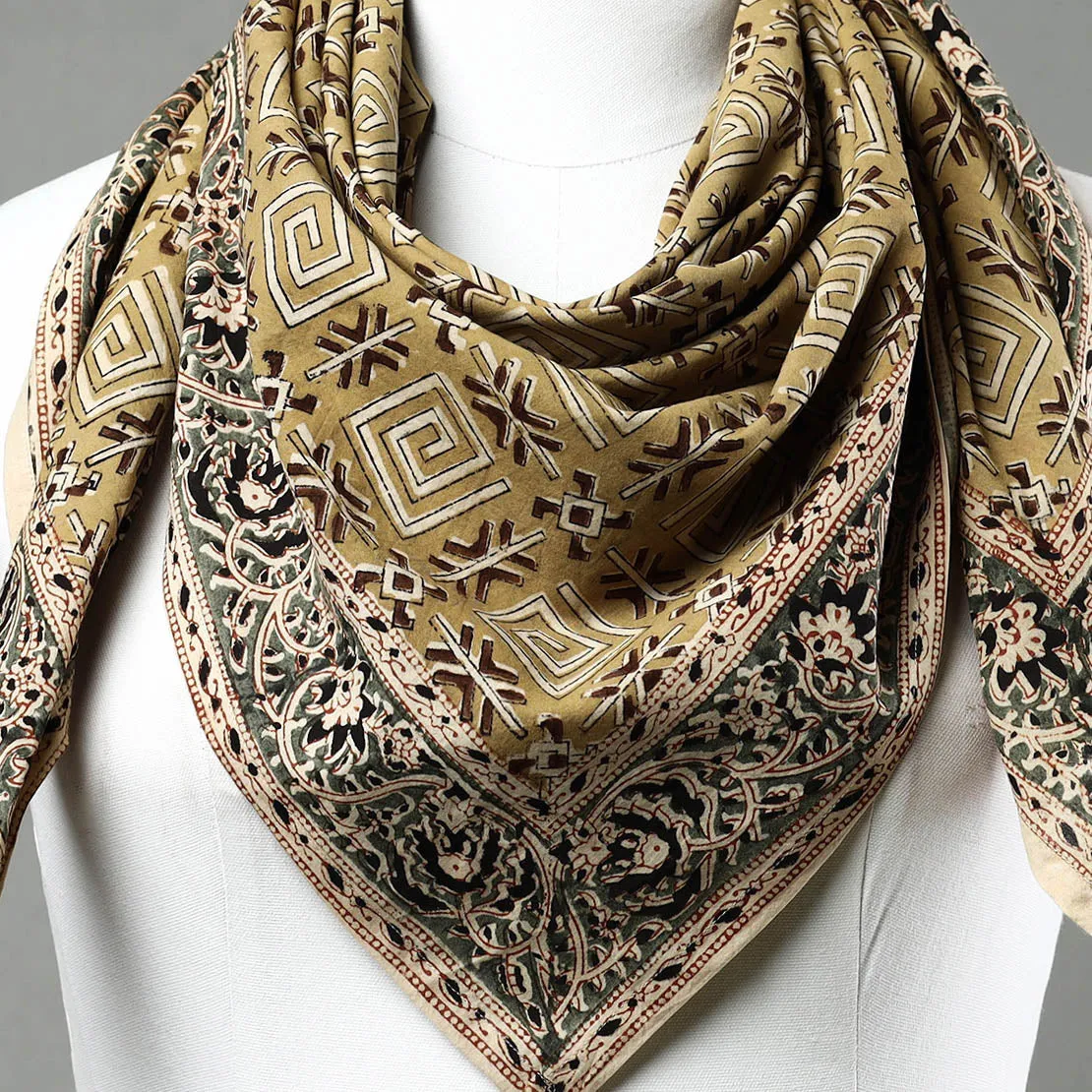 Yellow - Pedana Kalamkari Block Printed Natural Dyed Cotton Scarf 68